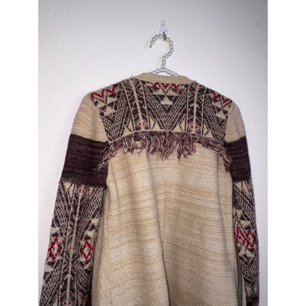 Knox Rose Women's Beige Southwestern Tribal Fringe Cardigan Sweater - Picture 4 of 9